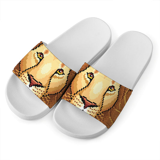 Leo Pixel Print White Slide Sandals