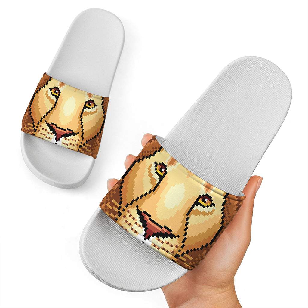 Leo Pixel Print White Slide Sandals