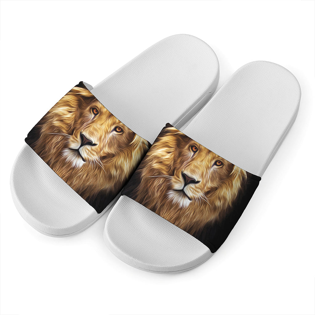 Leo Portrait Print White Slide Sandals