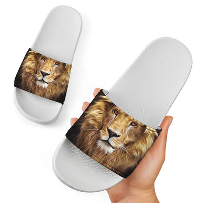 Leo Portrait Print White Slide Sandals