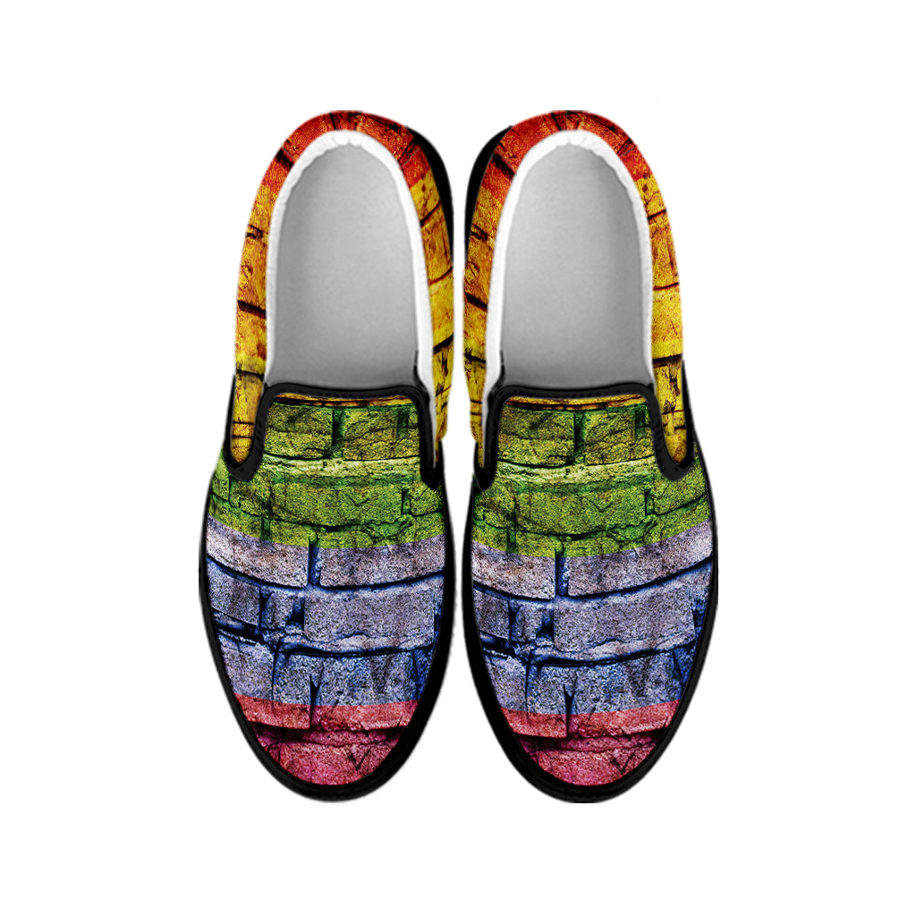 LGBT Pride Rainbow Brick Wall Print Black Slip On Shoes