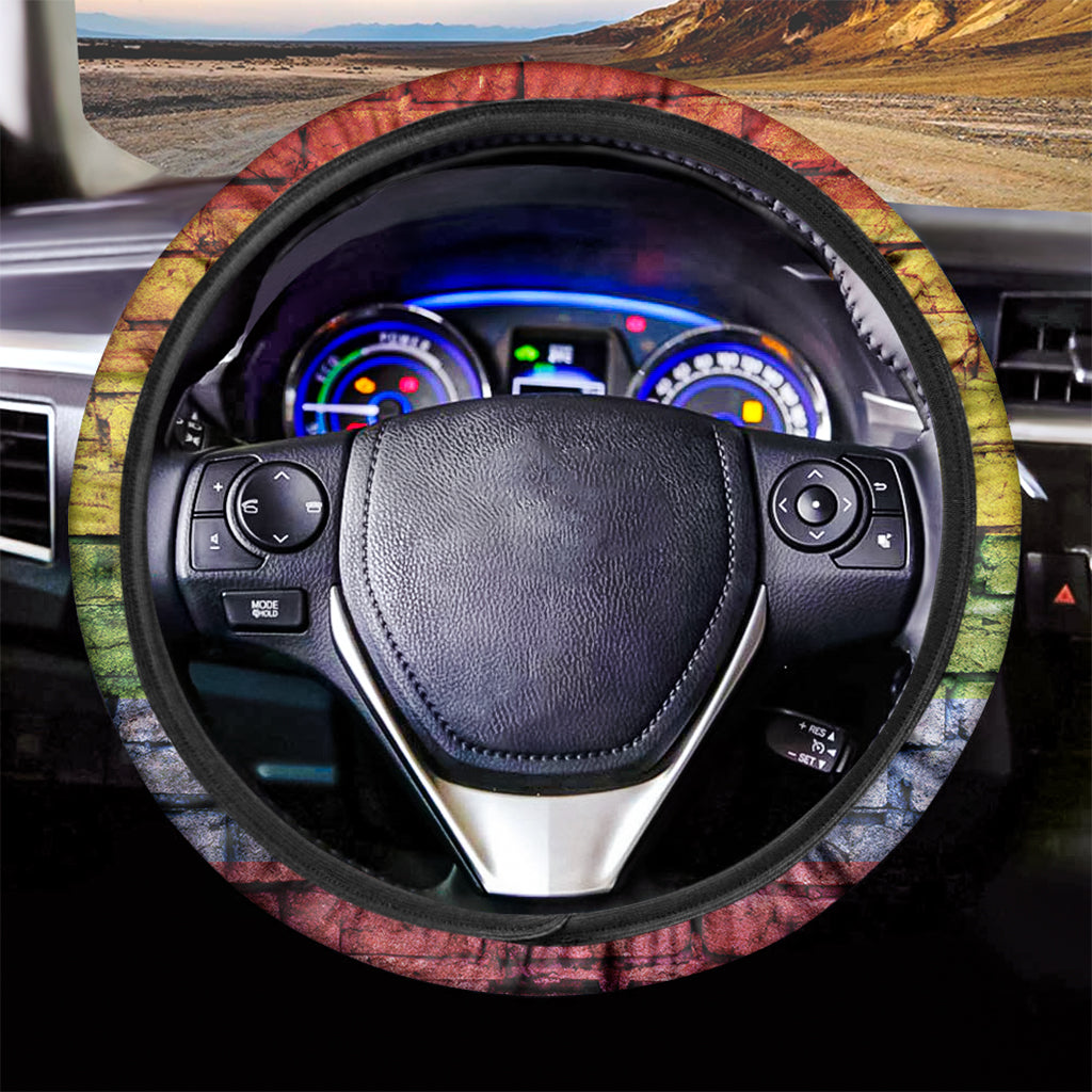 LGBT Pride Rainbow Brick Wall Print Car Steering Wheel Cover