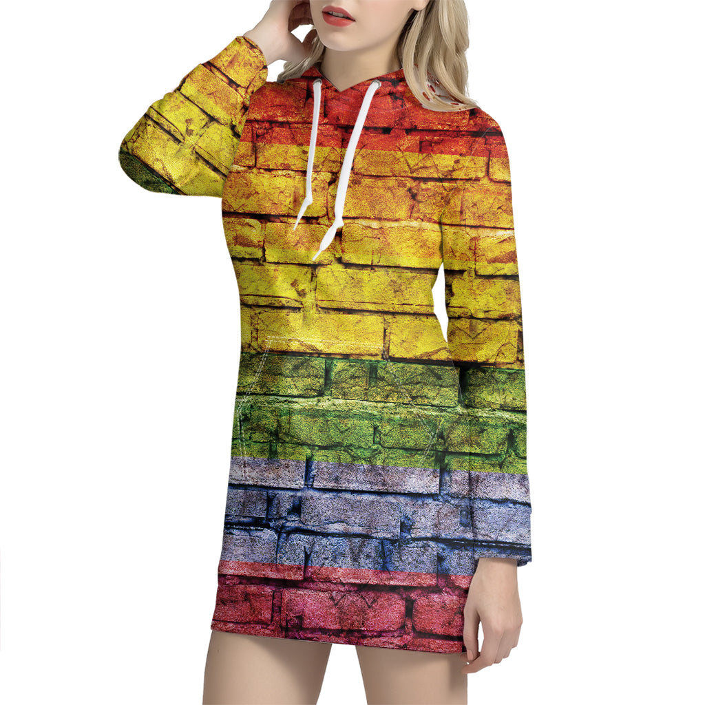 LGBT Pride Rainbow Brick Wall Print Hoodie Dress