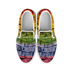 LGBT Pride Rainbow Brick Wall Print White Slip On Shoes