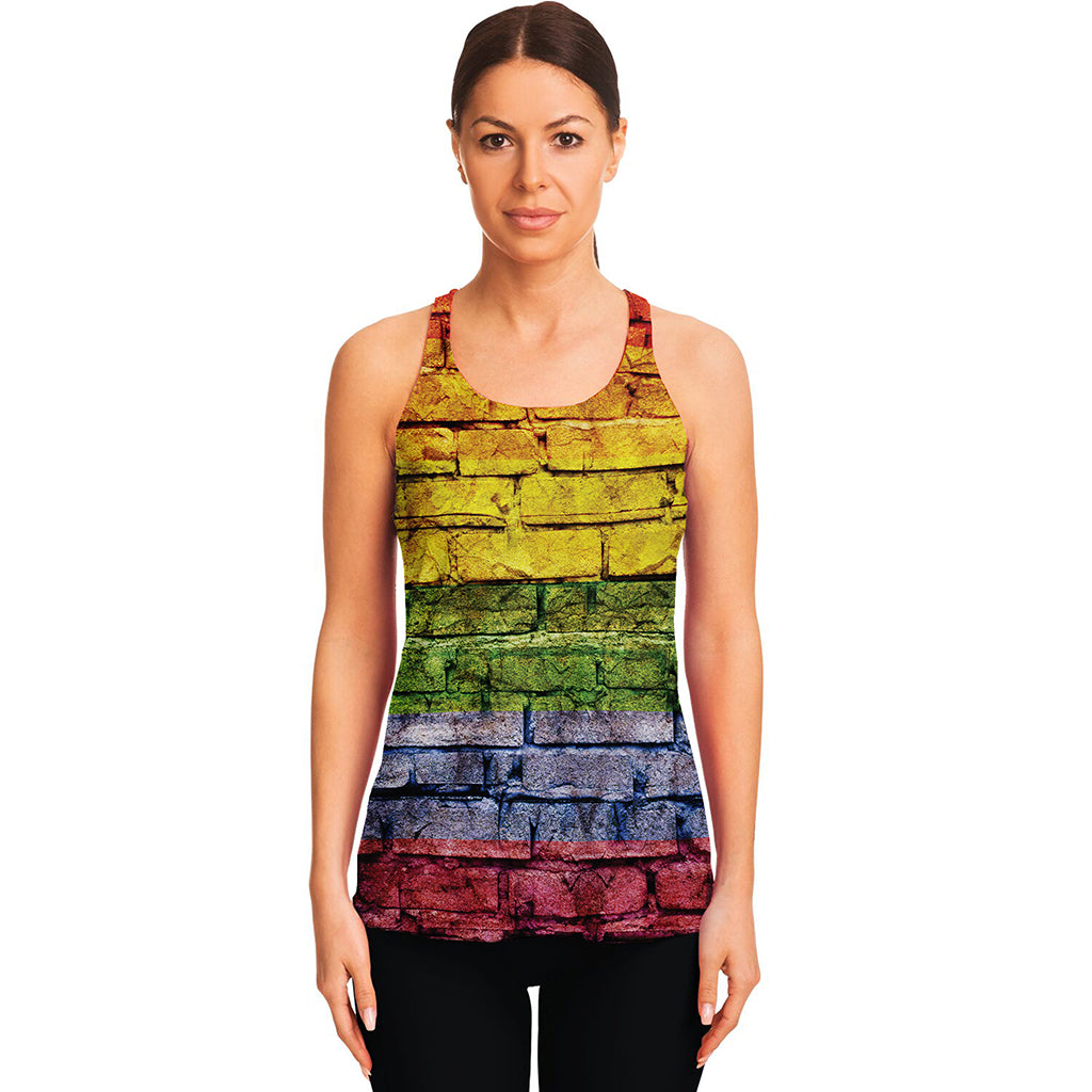 LGBT Pride Rainbow Brick Wall Print Women's Racerback Tank Top