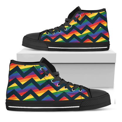 LGBT Pride Rainbow Chevron Pattern Print Black High Top Shoes