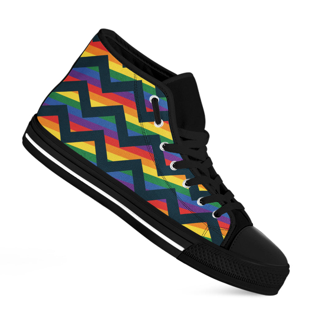 LGBT Pride Rainbow Chevron Pattern Print Black High Top Shoes
