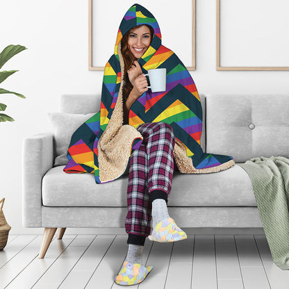 LGBT Pride Rainbow Chevron Pattern Print Hooded Blanket