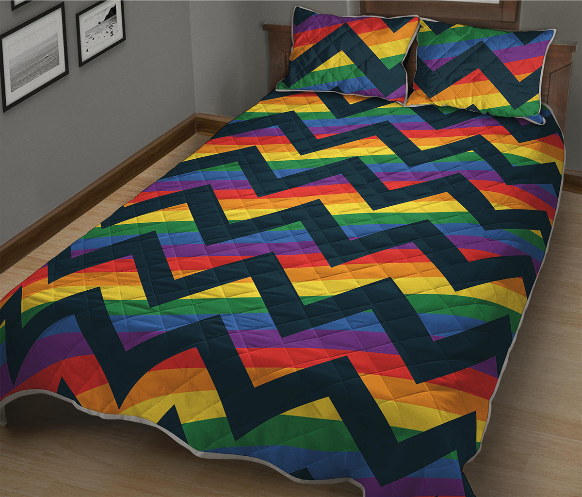 LGBT Pride Rainbow Chevron Pattern Print Quilt Bed Set