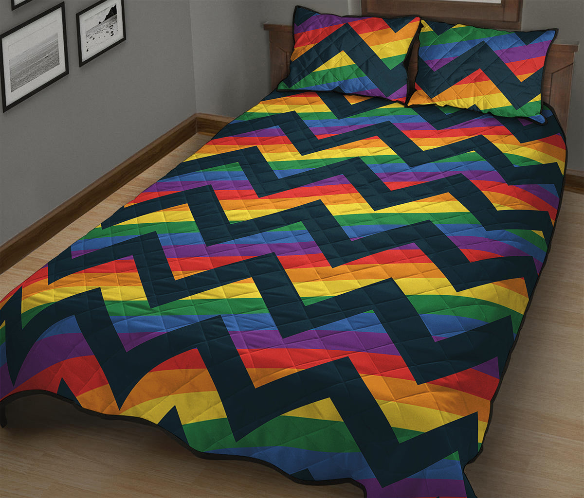 LGBT Pride Rainbow Chevron Pattern Print Quilt Bed Set