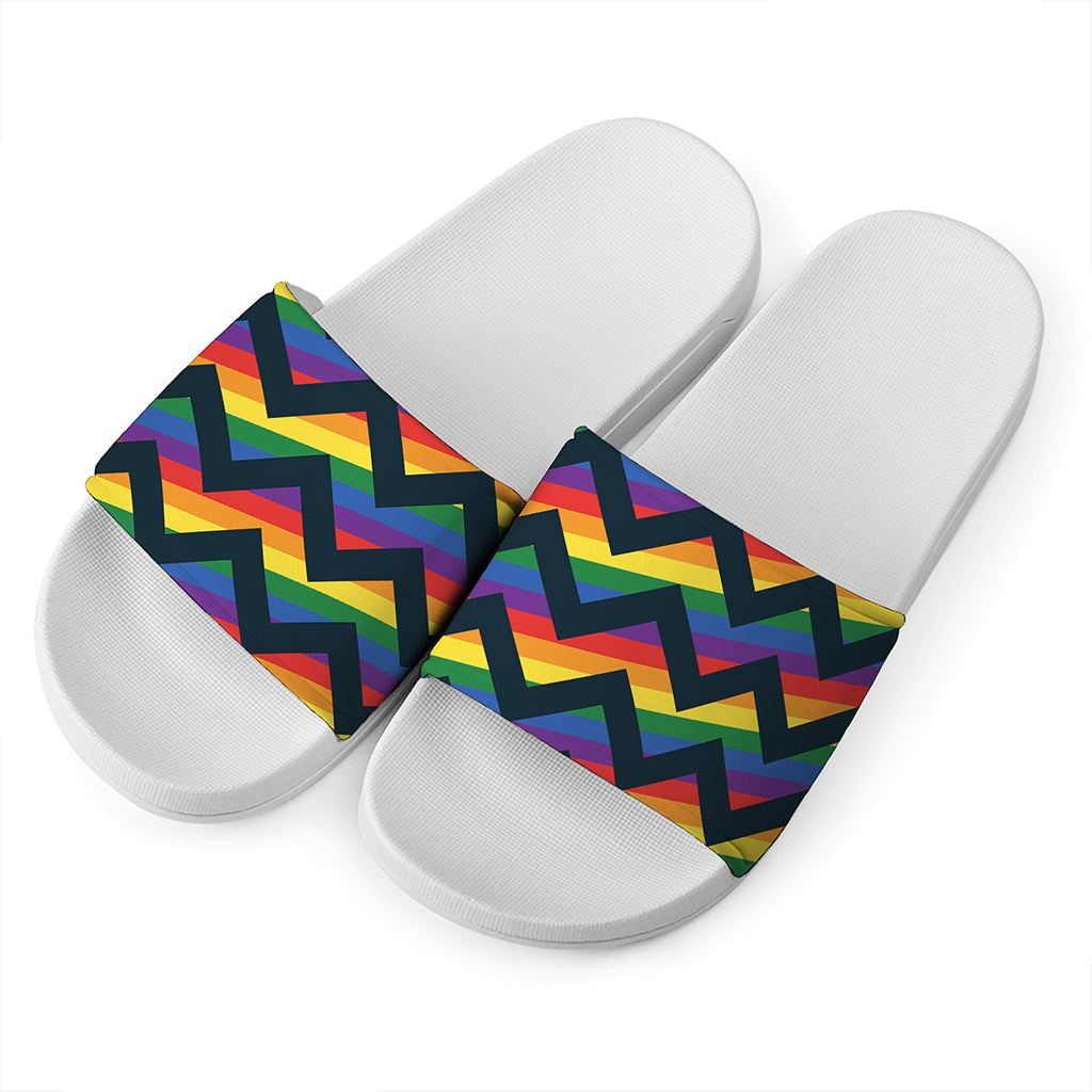 LGBT Pride Rainbow Chevron Pattern Print White Slide Sandals