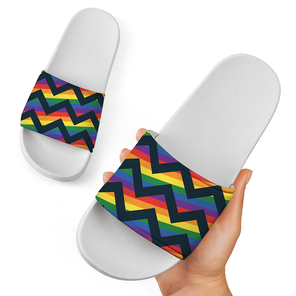 LGBT Pride Rainbow Chevron Pattern Print White Slide Sandals