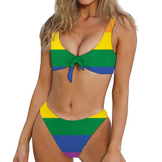 LGBT Pride Rainbow Flag Print Front Bow Tie Bikini