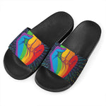 LGBT Pride Rainbow Hand Print Black Slide Sandals