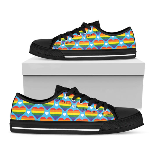 LGBT Pride Rainbow Heart Pattern Print Black Low Top Shoes