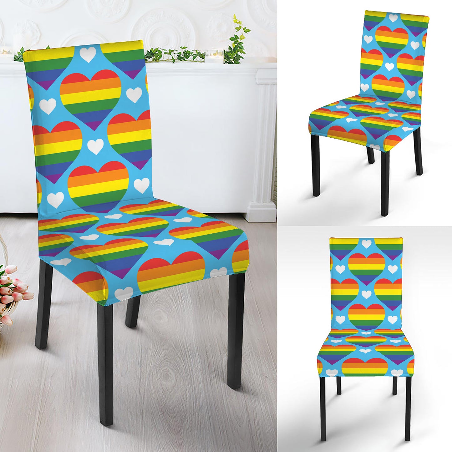 LGBT Pride Rainbow Heart Pattern Print Dining Chair Slipcover