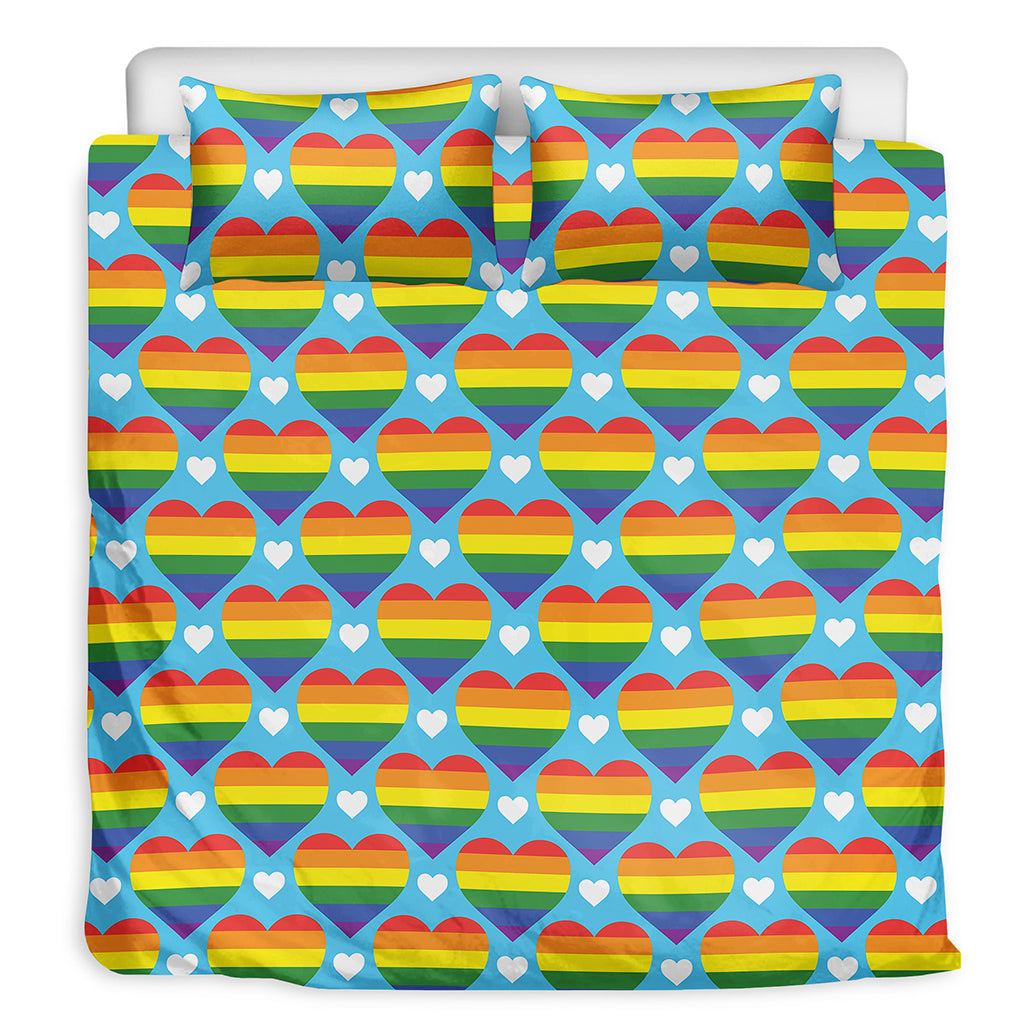 LGBT Pride Rainbow Heart Pattern Print Duvet Cover Bedding Set