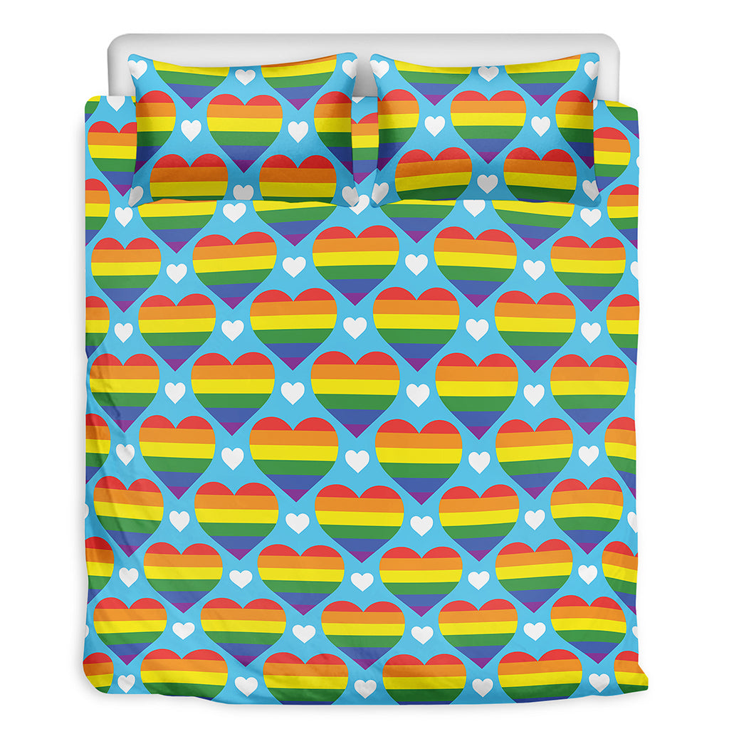 LGBT Pride Rainbow Heart Pattern Print Duvet Cover Bedding Set