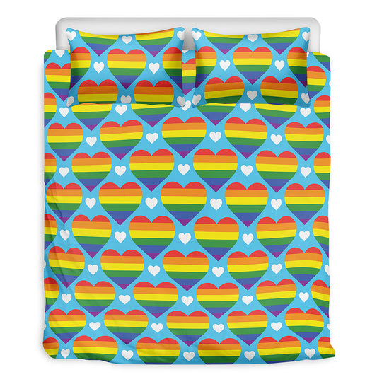 LGBT Pride Rainbow Heart Pattern Print Duvet Cover Bedding Set
