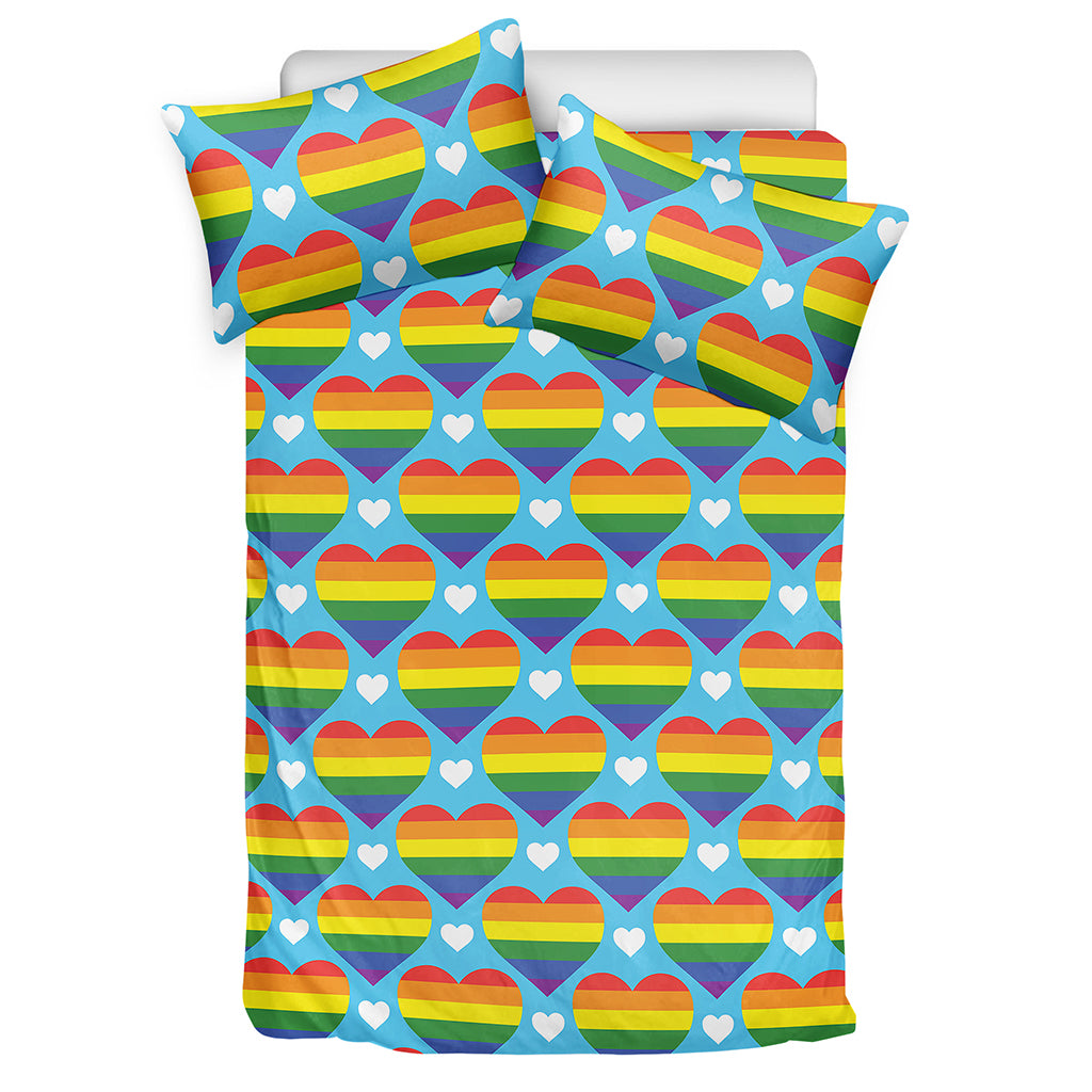 LGBT Pride Rainbow Heart Pattern Print Duvet Cover Bedding Set