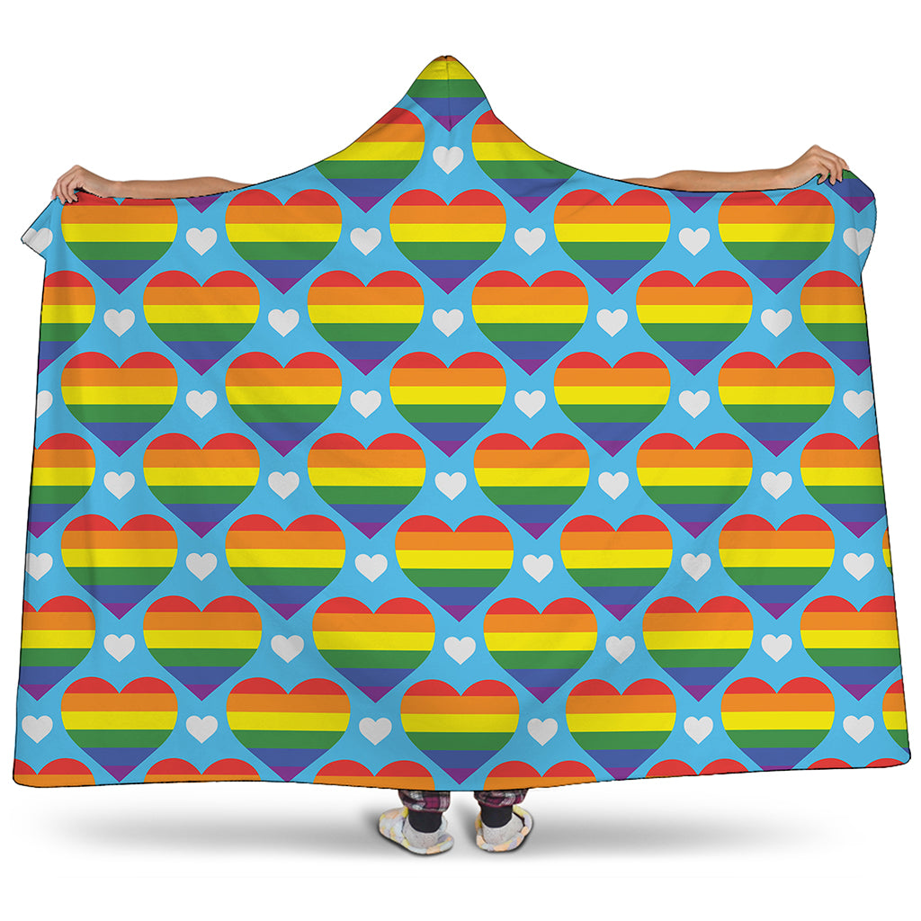 LGBT Pride Rainbow Heart Pattern Print Hooded Blanket