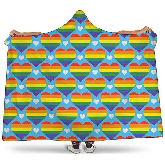 LGBT Pride Rainbow Heart Pattern Print Hooded Blanket