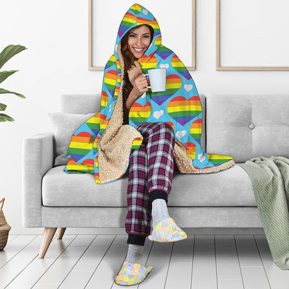 LGBT Pride Rainbow Heart Pattern Print Hooded Blanket