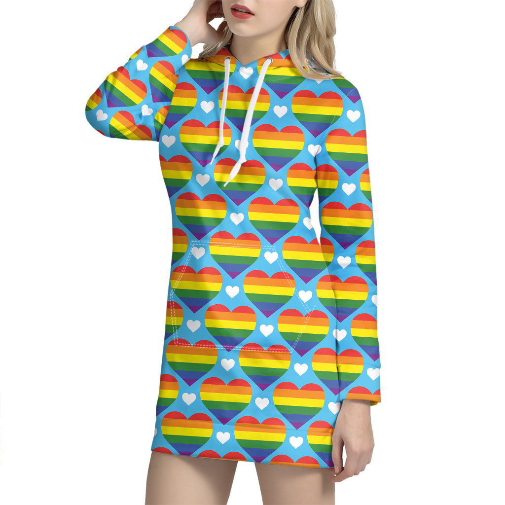 LGBT Pride Rainbow Heart Pattern Print Hoodie Dress