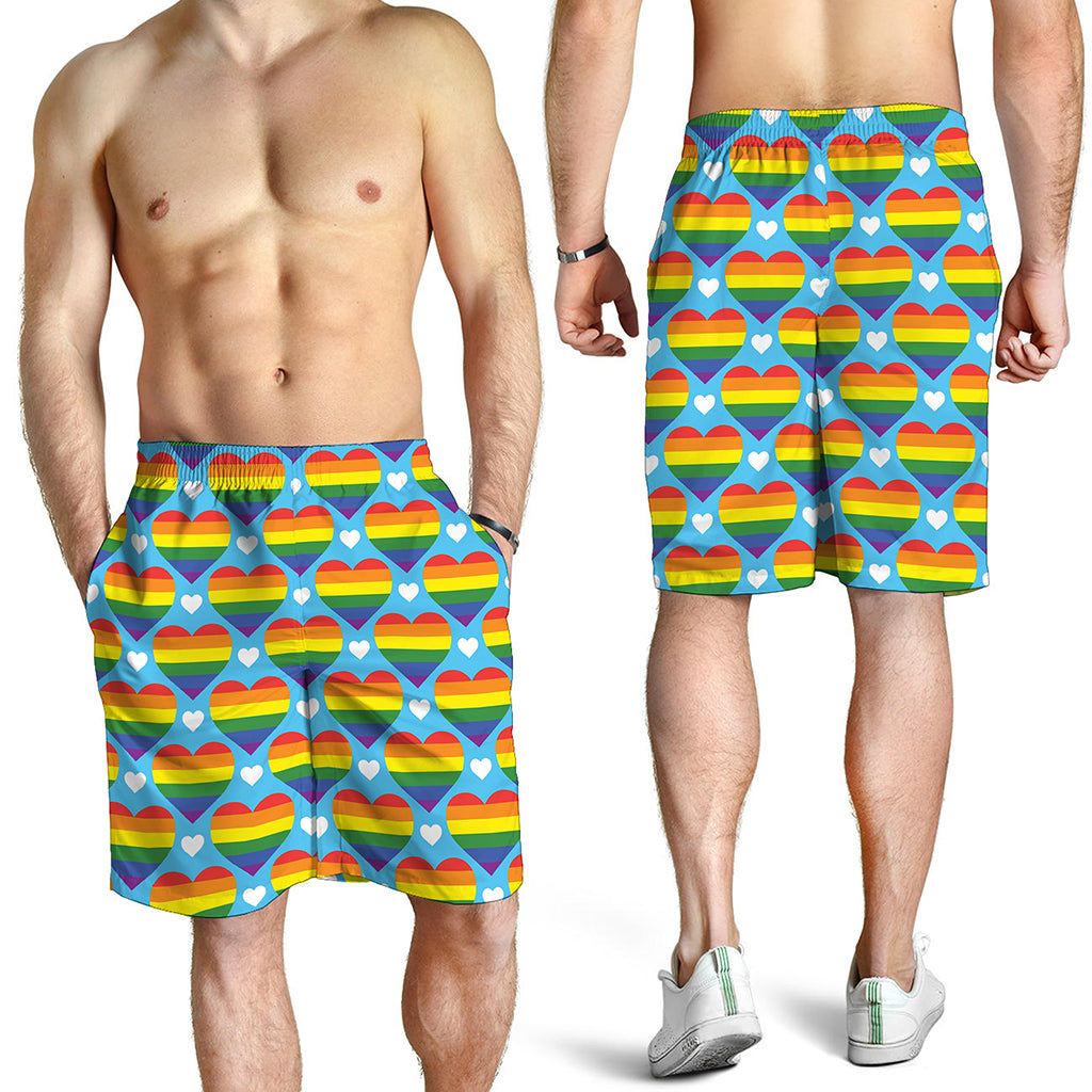 LGBT Pride Rainbow Heart Pattern Print Men's Shorts