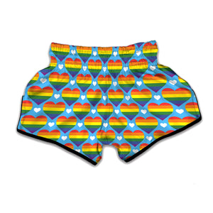 LGBT Pride Rainbow Heart Pattern Print Muay Thai Boxing Shorts