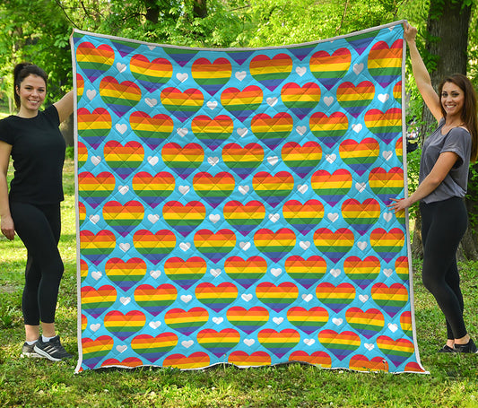 LGBT Pride Rainbow Heart Pattern Print Quilt