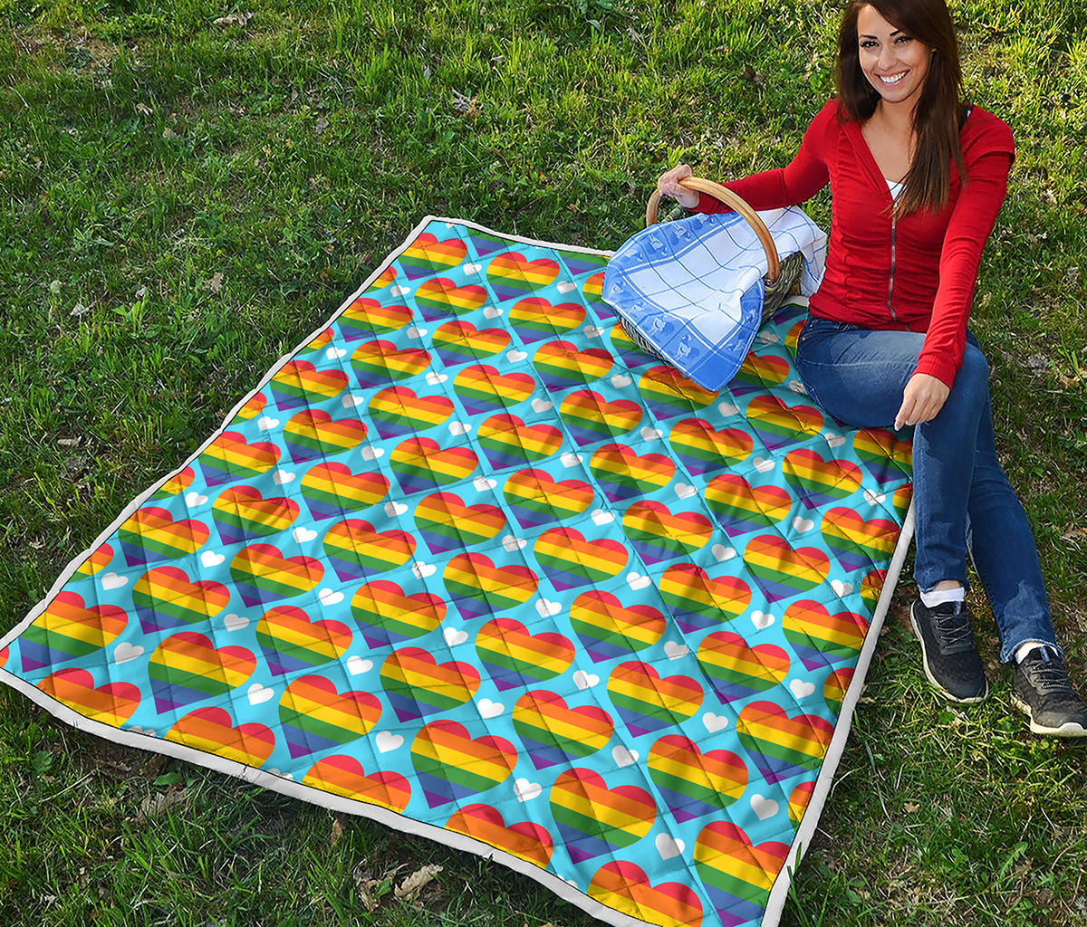 LGBT Pride Rainbow Heart Pattern Print Quilt