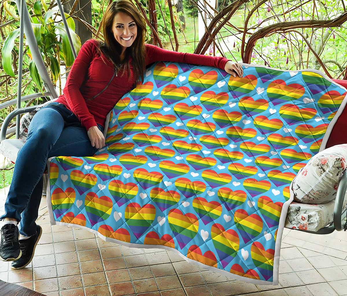 LGBT Pride Rainbow Heart Pattern Print Quilt