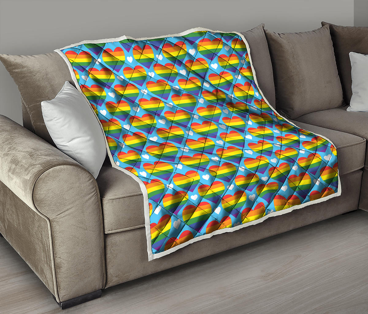 LGBT Pride Rainbow Heart Pattern Print Quilt