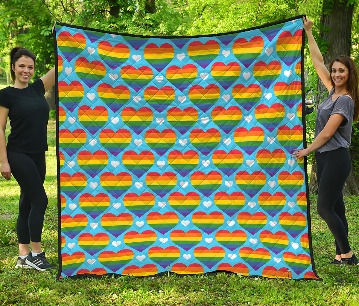 LGBT Pride Rainbow Heart Pattern Print Quilt