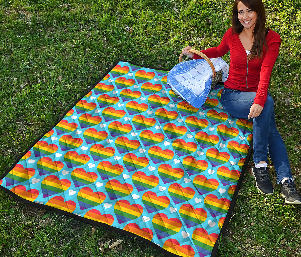 LGBT Pride Rainbow Heart Pattern Print Quilt