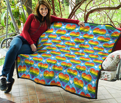 LGBT Pride Rainbow Heart Pattern Print Quilt