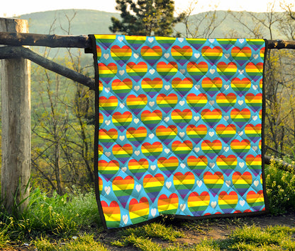 LGBT Pride Rainbow Heart Pattern Print Quilt