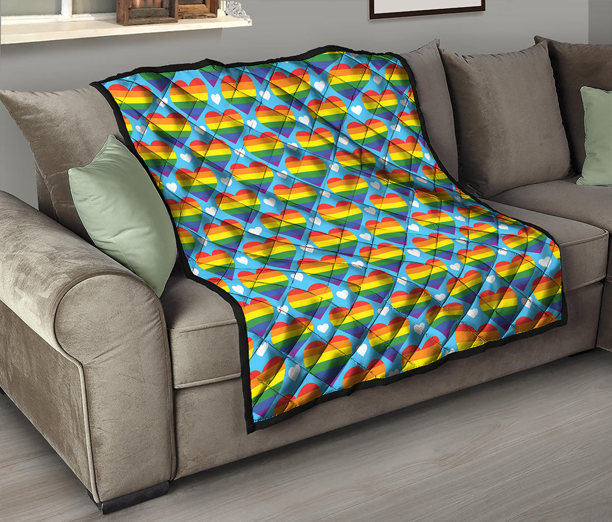 LGBT Pride Rainbow Heart Pattern Print Quilt