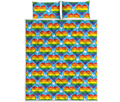LGBT Pride Rainbow Heart Pattern Print Quilt Bed Set