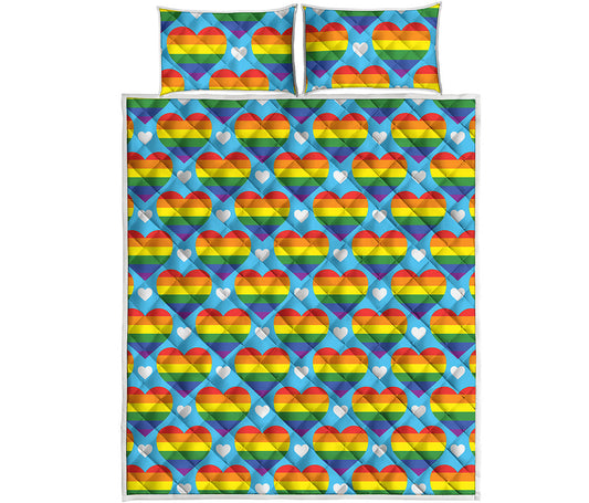 LGBT Pride Rainbow Heart Pattern Print Quilt Bed Set