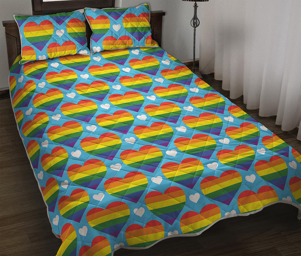 LGBT Pride Rainbow Heart Pattern Print Quilt Bed Set