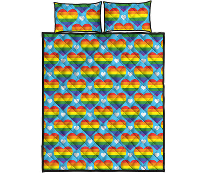 LGBT Pride Rainbow Heart Pattern Print Quilt Bed Set