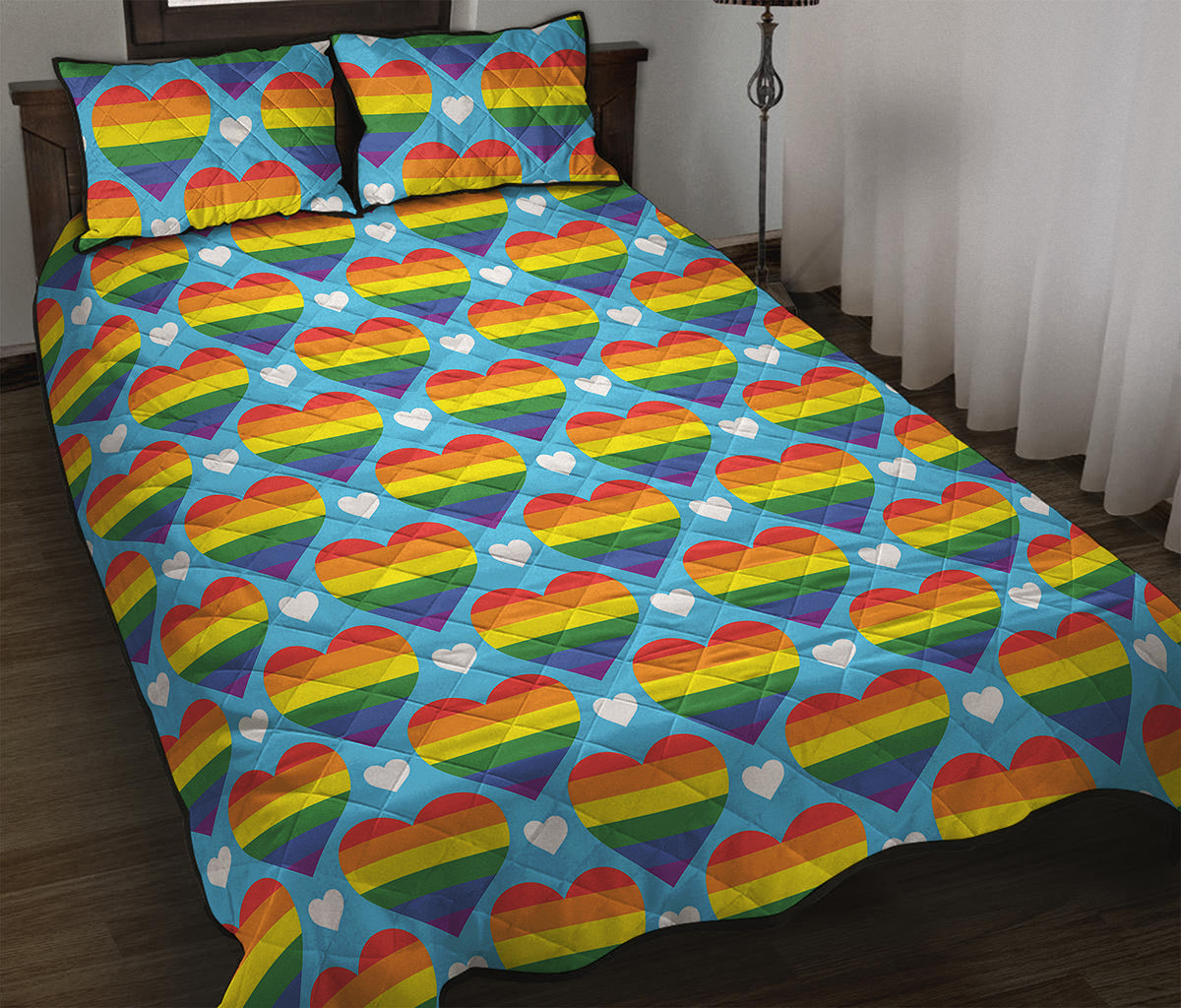 LGBT Pride Rainbow Heart Pattern Print Quilt Bed Set