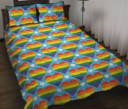 LGBT Pride Rainbow Heart Pattern Print Quilt Bed Set