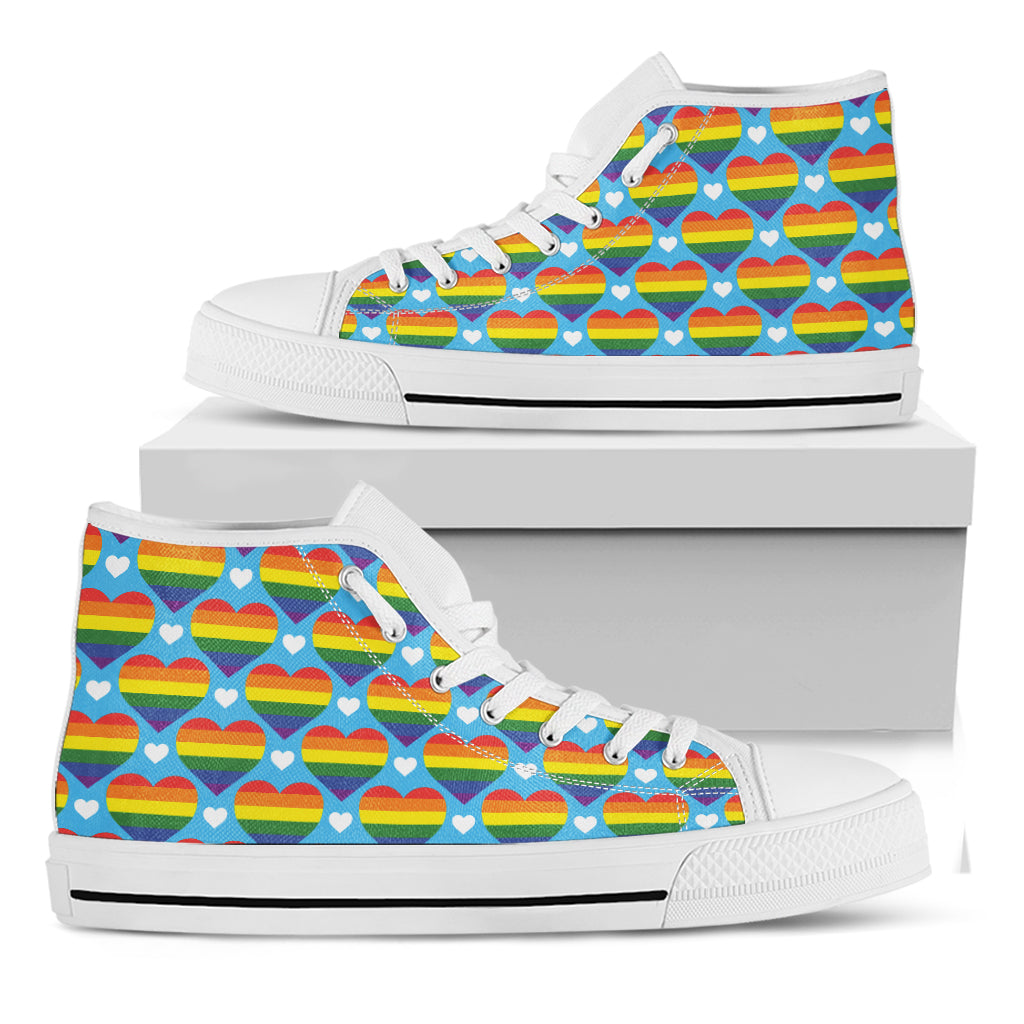 LGBT Pride Rainbow Heart Pattern Print White High Top Shoes