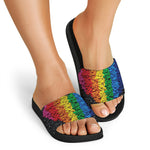 LGBT Pride Rainbow Heart Stones Print Black Slide Sandals
