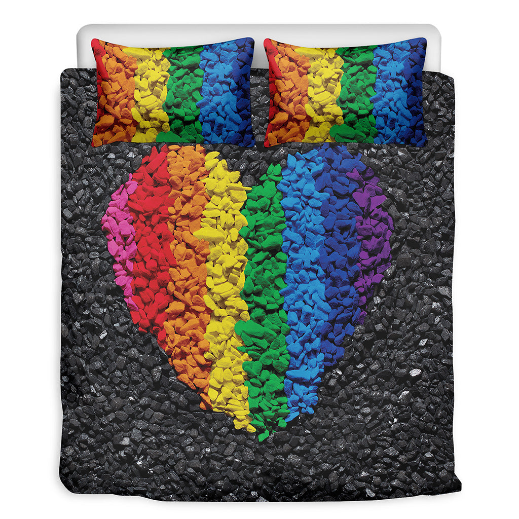 LGBT Pride Rainbow Heart Stones Print Duvet Cover Bedding Set