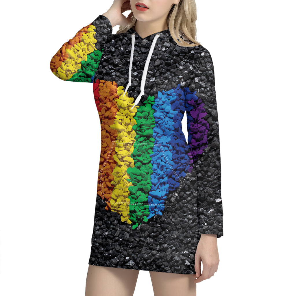 LGBT Pride Rainbow Heart Stones Print Pullover Hoodie Dress
