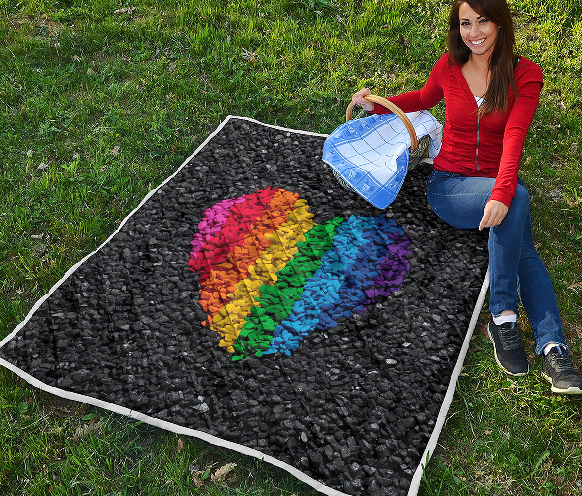 LGBT Pride Rainbow Heart Stones Print Quilt